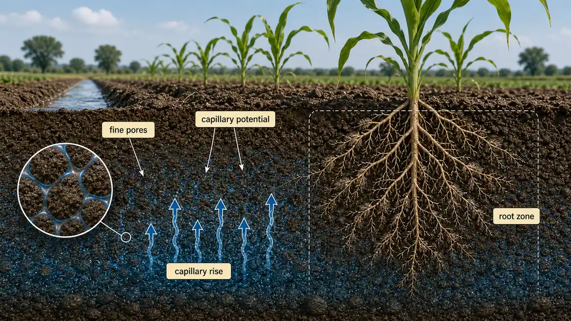 Capillary potential showing water held in fine soil pores and moving upward toward the crop root zone