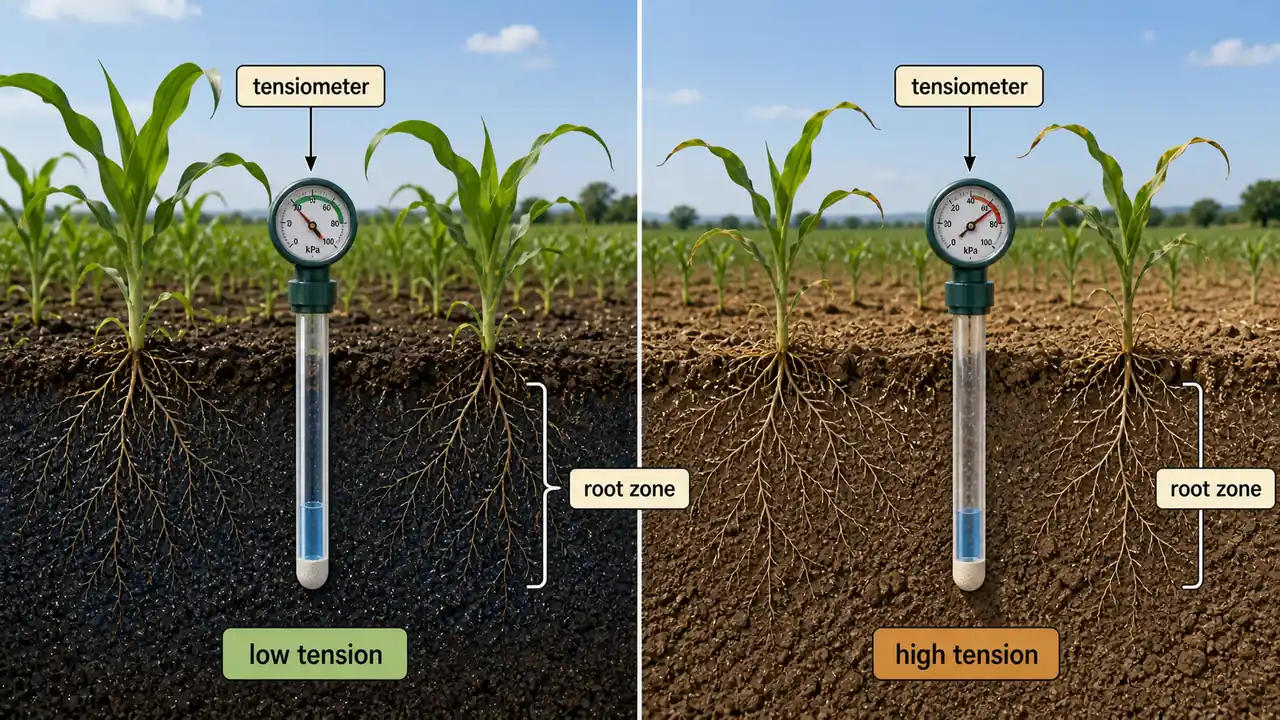 Soil moisture tension shown with a tensiometer reading low tension in wet soil and high tension in dry soil