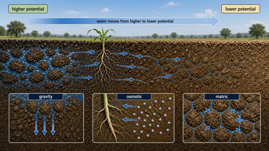 Soil water potential showing movement from higher potential to lower potential with gravity, osmotic, and matric components