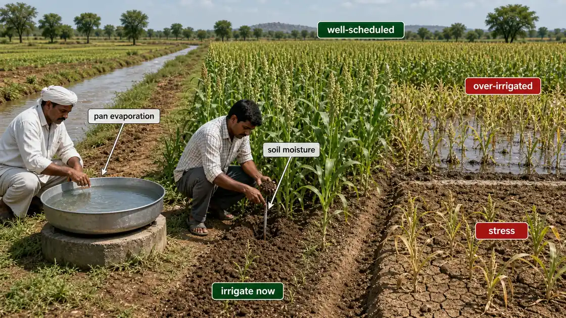 Irrigation scheduling visual showing pan evaporation, soil moisture checking, a well-scheduled crop area, and stressed over-irrigated patch