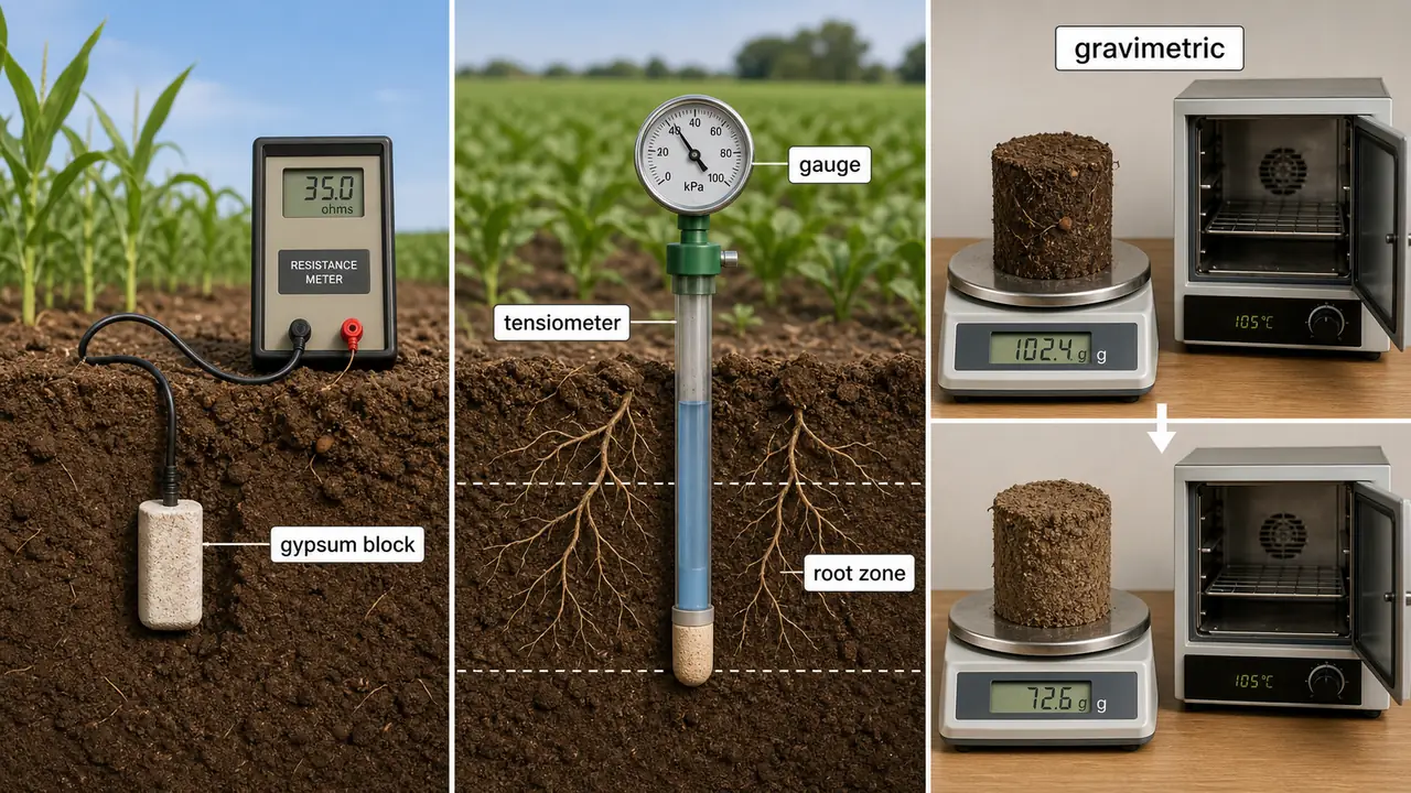 Soil moisture instruments for irrigation scheduling showing gypsum block, tensiometer, and gravimetric soil sampling