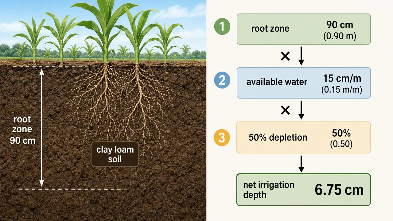 Net irrigation depth calculation using root zone depth, available water, and allowable soil moisture depletion