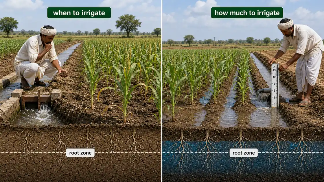 Farmer combining field observation with measured water flow to decide when to irrigate and how much to apply