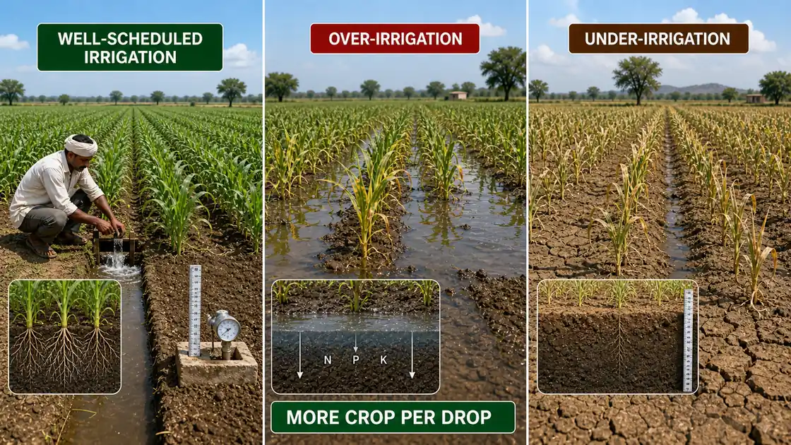 Comparison of well-scheduled irrigation, over-irrigation, and under-irrigation to show how scheduling improves water productivity