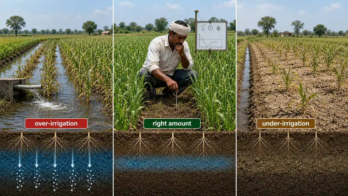 Farmer choosing the right irrigation amount between over-irrigation and under-irrigation using soil and field observations