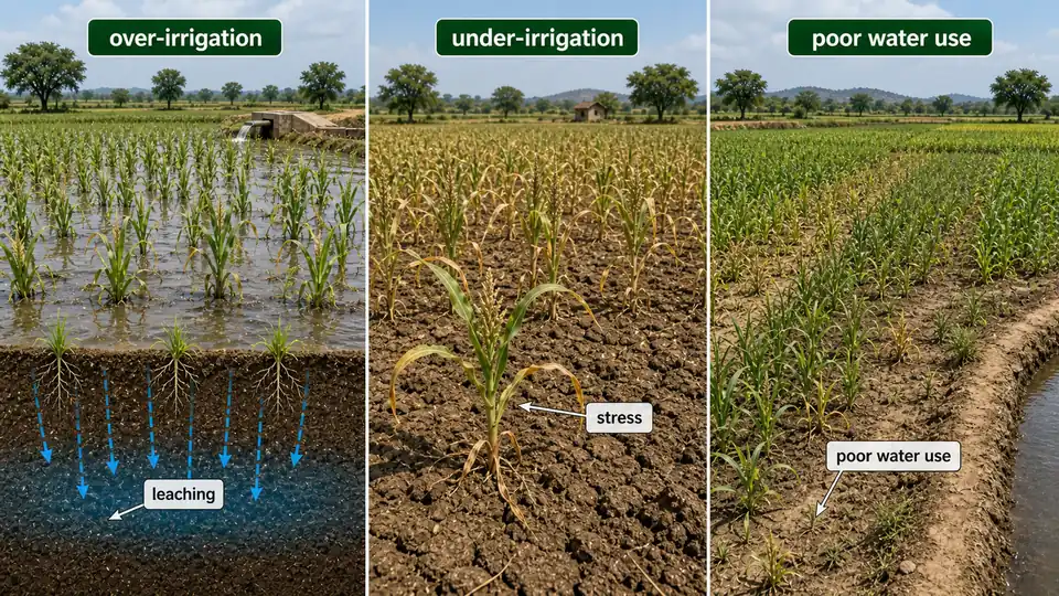 Poor irrigation scheduling causing over-irrigation, under-irrigation, and uneven crop performance across the same field