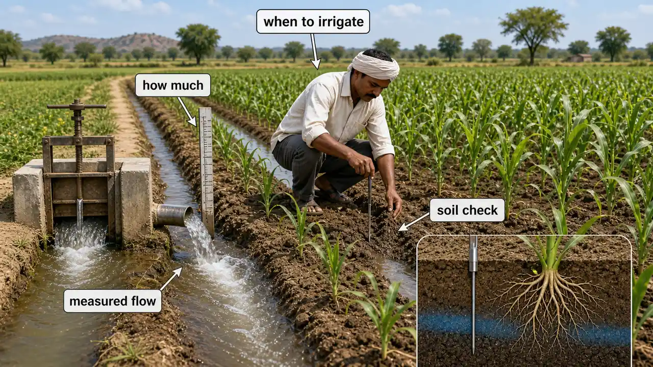 Farmer checking soil moisture and measured canal discharge to answer when to irrigate and how much water to apply