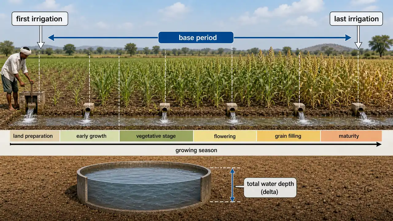 Crop season timeline showing first irrigation, base period, last irrigation, and total water depth delta supplied over the season