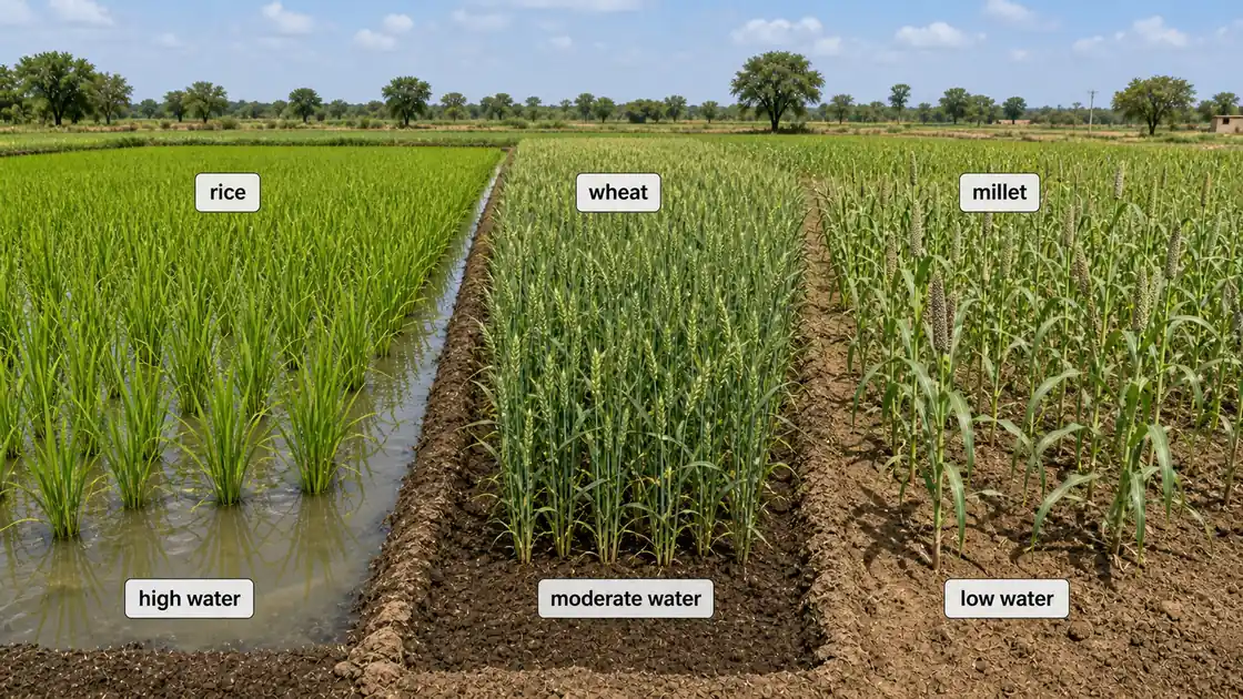 Crop water requirement comparison showing rice, wheat, and millet fields under high, moderate, and low water conditions