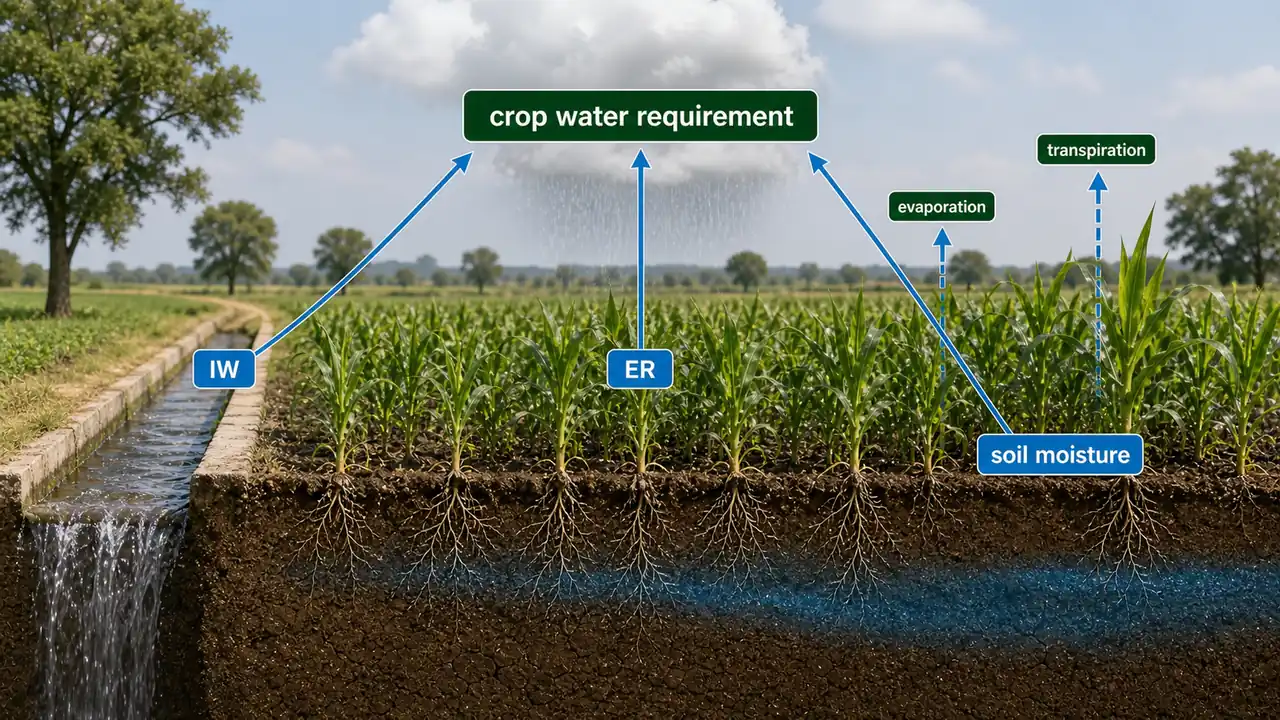 Crop field diagram showing irrigation water, effective rainfall, and stored soil moisture meeting total crop water requirement with evaporation and transpiration losses