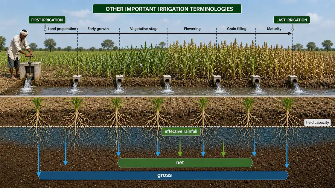 Crop season timeline and root-zone cross-section illustrating first and last irrigation, gross and net irrigation, effective rainfall, and field capacity