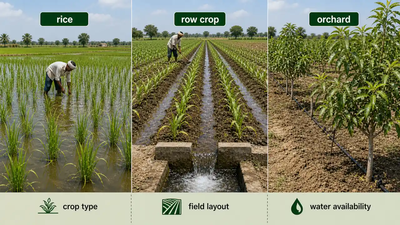 Comparison of flooded rice, furrow irrigated row crop, and drip irrigated orchard to show that irrigation method depends on crop type and field conditions