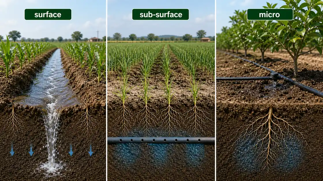 Surface, sub-surface, and micro irrigation shown side by side through gravity flow, buried delivery, and precise root-zone application