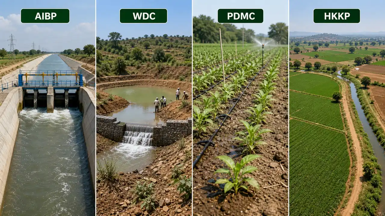 Practical PMKSY visual showing canal completion, watershed work, micro irrigation on farm, and expansion of irrigation coverage to more fields
