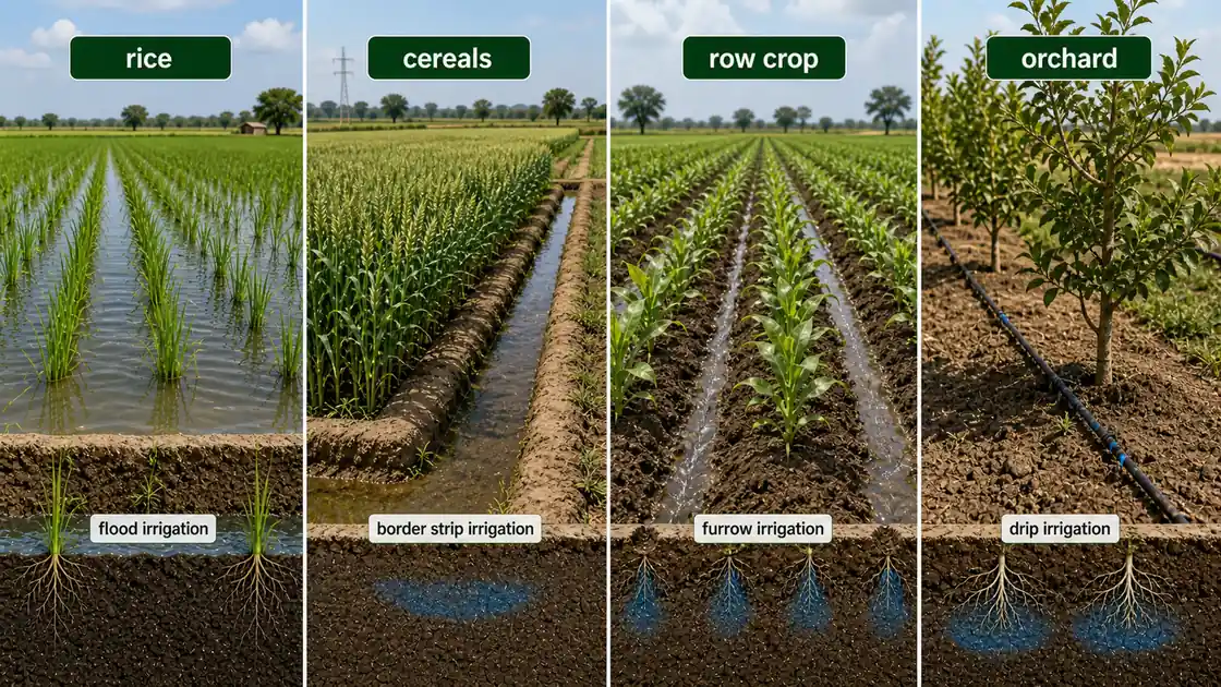 Summary image comparing check basin for paddy, border strip for cereals, furrow for row crops, and drip for orchards and vegetables
