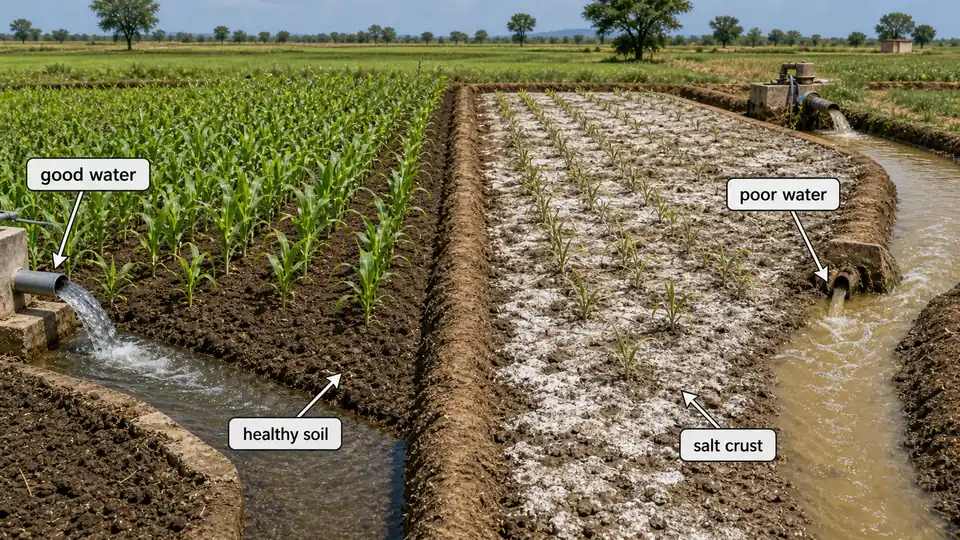 Irrigation water quality comparison showing healthy crop growth with good water and salt crust with poor-quality irrigation water
