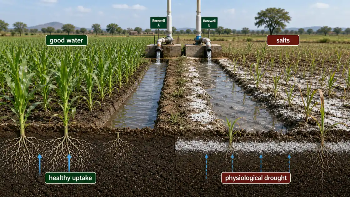 Two nearby borewell-fed crop plots showing good-quality irrigation water on one side and saline water causing white crust and physiological drought on the other