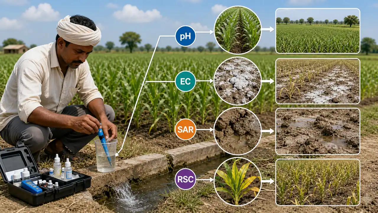 Farmer testing irrigation water with four parameter callouts for pH, EC, SAR, and RSC, each linked to a different field outcome