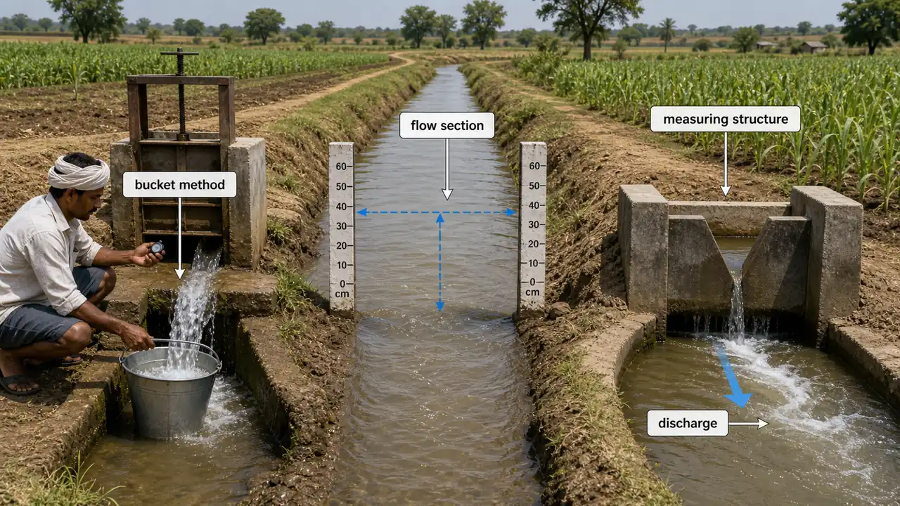 Irrigation water measurement scene showing bucket method, channel flow section, and a measuring structure used to estimate discharge