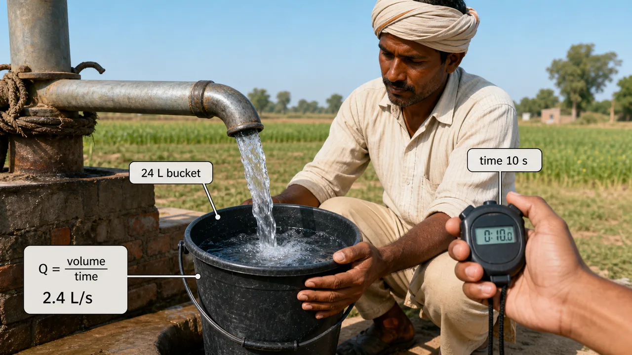 Volumetric method for irrigation water measurement using a bucket and stopwatch at a tube well outlet