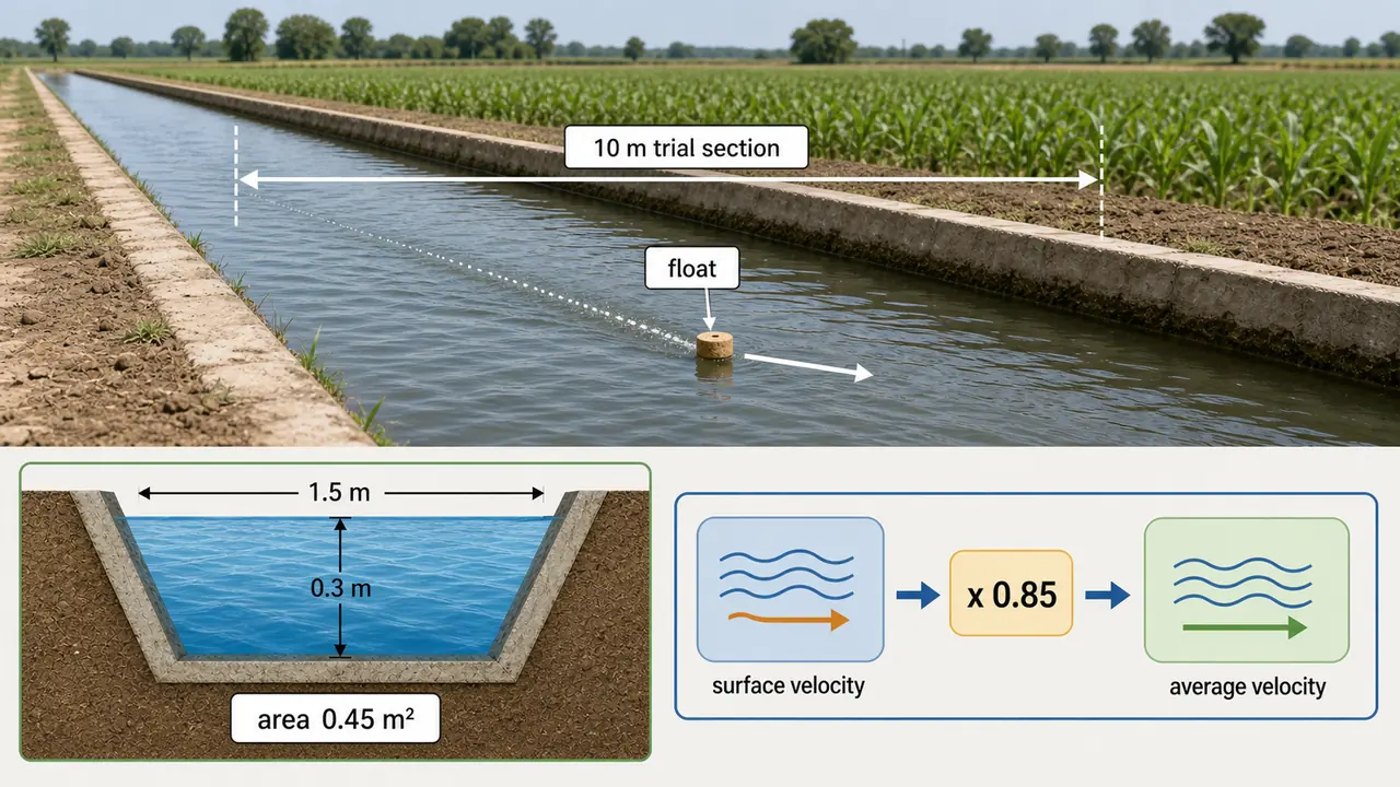 Velocity-area method showing channel cross-section, trial length, and flow velocity used to compute discharge as Q equals A times V
