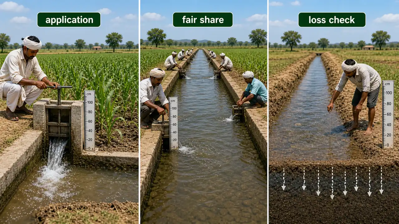 Measured irrigation scene showing exact field application, fair canal distribution among farmers, and seepage loss checking in a watercourse