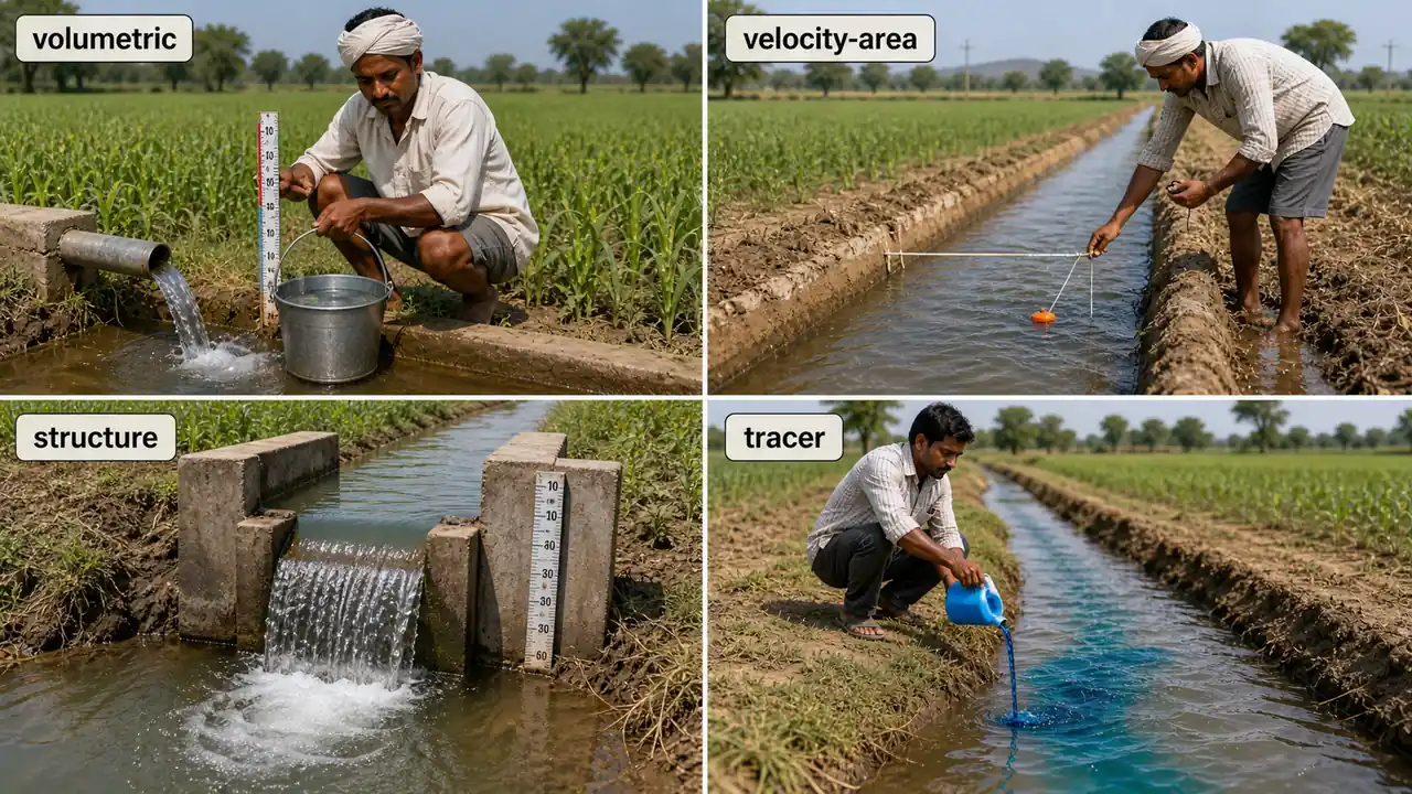 Four irrigation water measurement categories shown as volumetric bucket method, velocity-area float method, fixed structure method, and tracer dye method