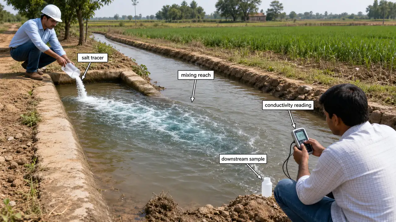 Tracer method for irrigation water measurement using salt addition upstream and conductivity measurement downstream