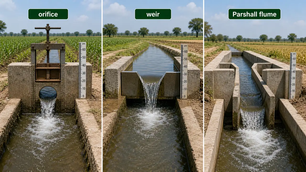 Water measuring structures comparison showing an orifice, a weir, and a Parshall flume used in irrigation channels