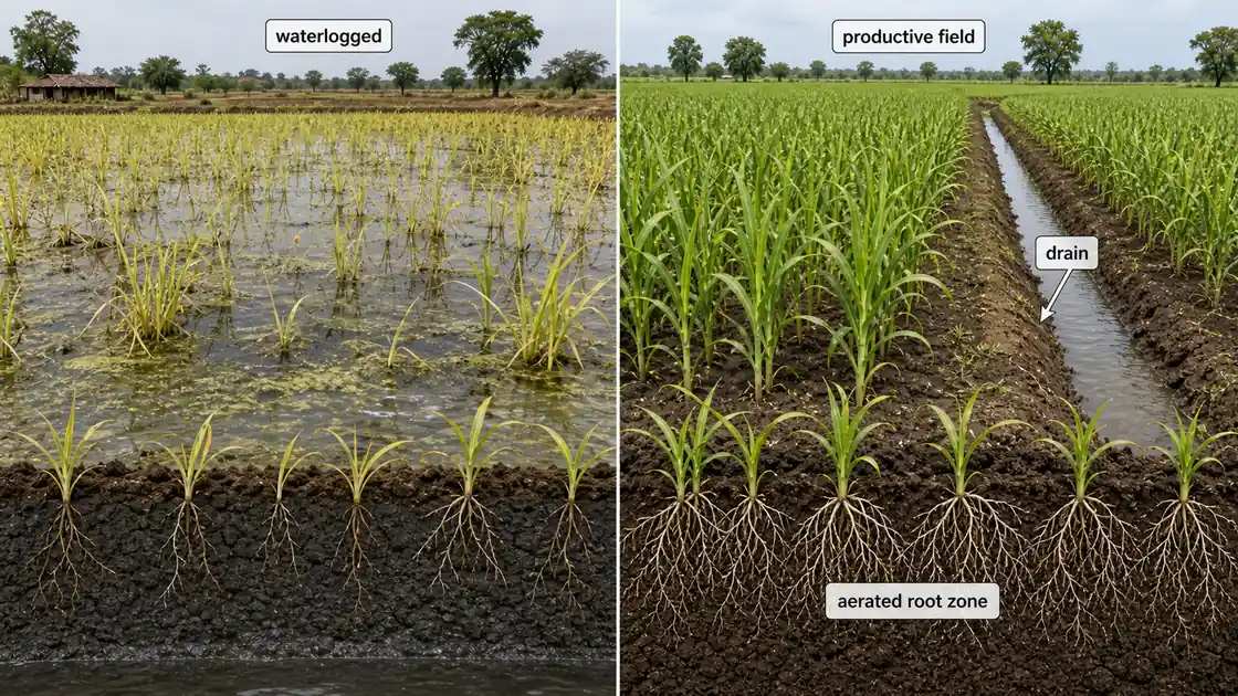 Agricultural drainage comparison showing a waterlogged field beside a drained productive field with an aerated root zone