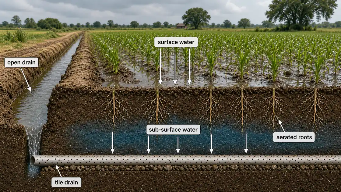 Farm cross-section showing excess surface water and sub-surface water being removed by open drain and tile drain to restore aerated roots