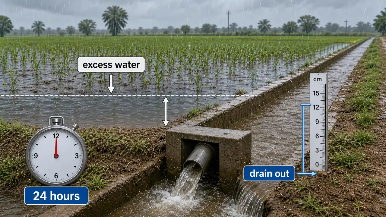 Heavy-rain field drainage scene showing excess water depth and drain-out over a 24-hour period