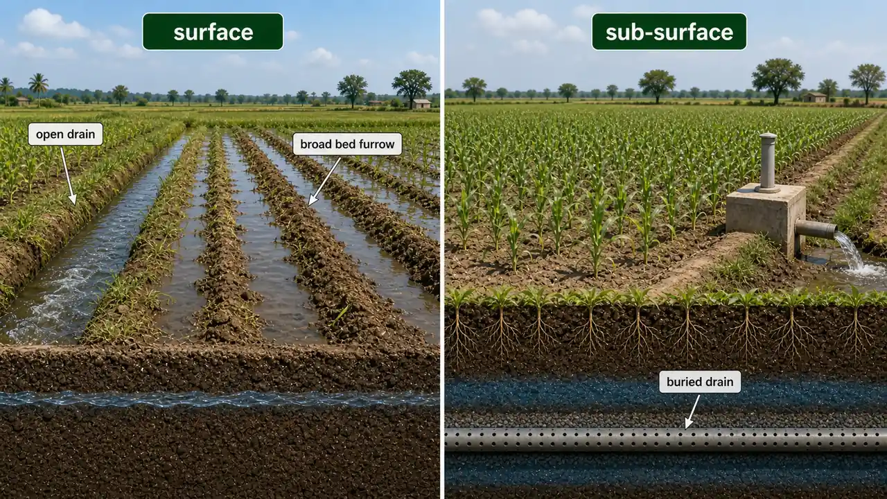 Surface and sub-surface drainage comparison showing open drains and broad bed furrows versus a buried drain lowering the water table