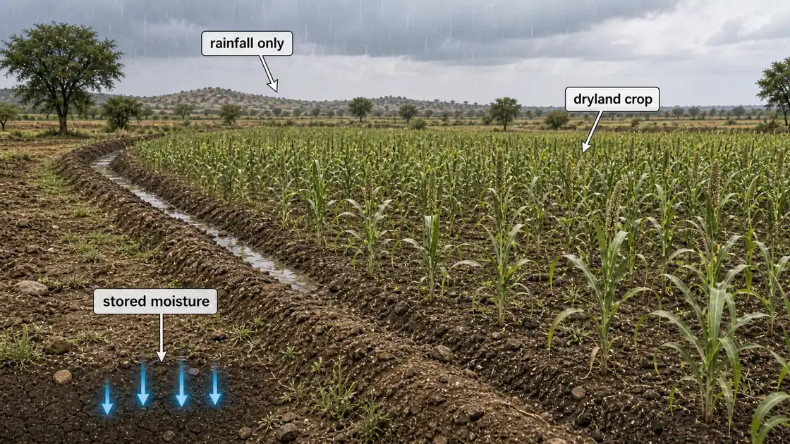 Dryland agriculture scene showing a rainfed crop depending on rainfall only and stored soil moisture without irrigation