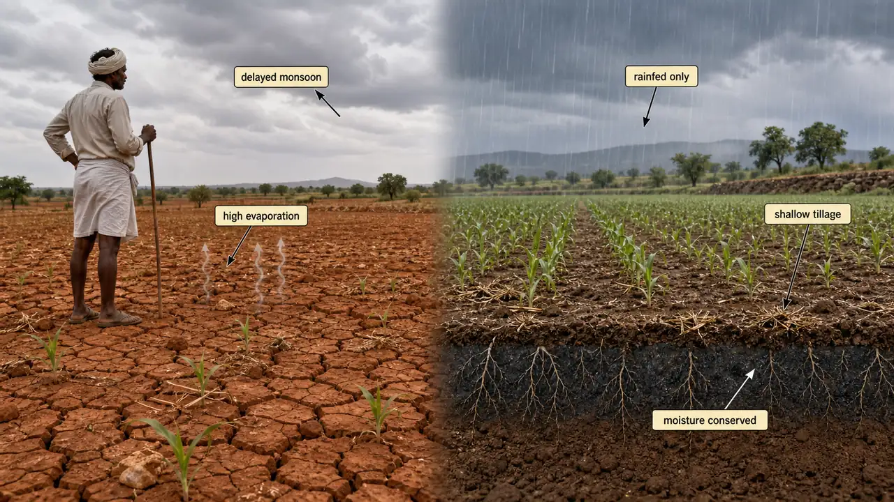 Dryland agriculture under rainfed conditions showing delayed monsoon, high evaporation, and shallow tillage for moisture conservation
