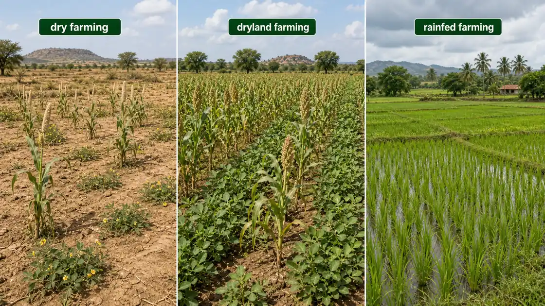 Dry farming, dryland farming, and rainfed farming shown as three field conditions across an arid-to-wetter rainfall gradient