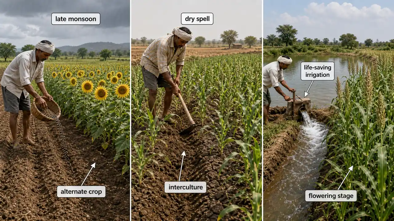 Dryland contingency planning visual showing late monsoon alternate crop choice, dry spell interculture, and life-saving irrigation at flowering stage
