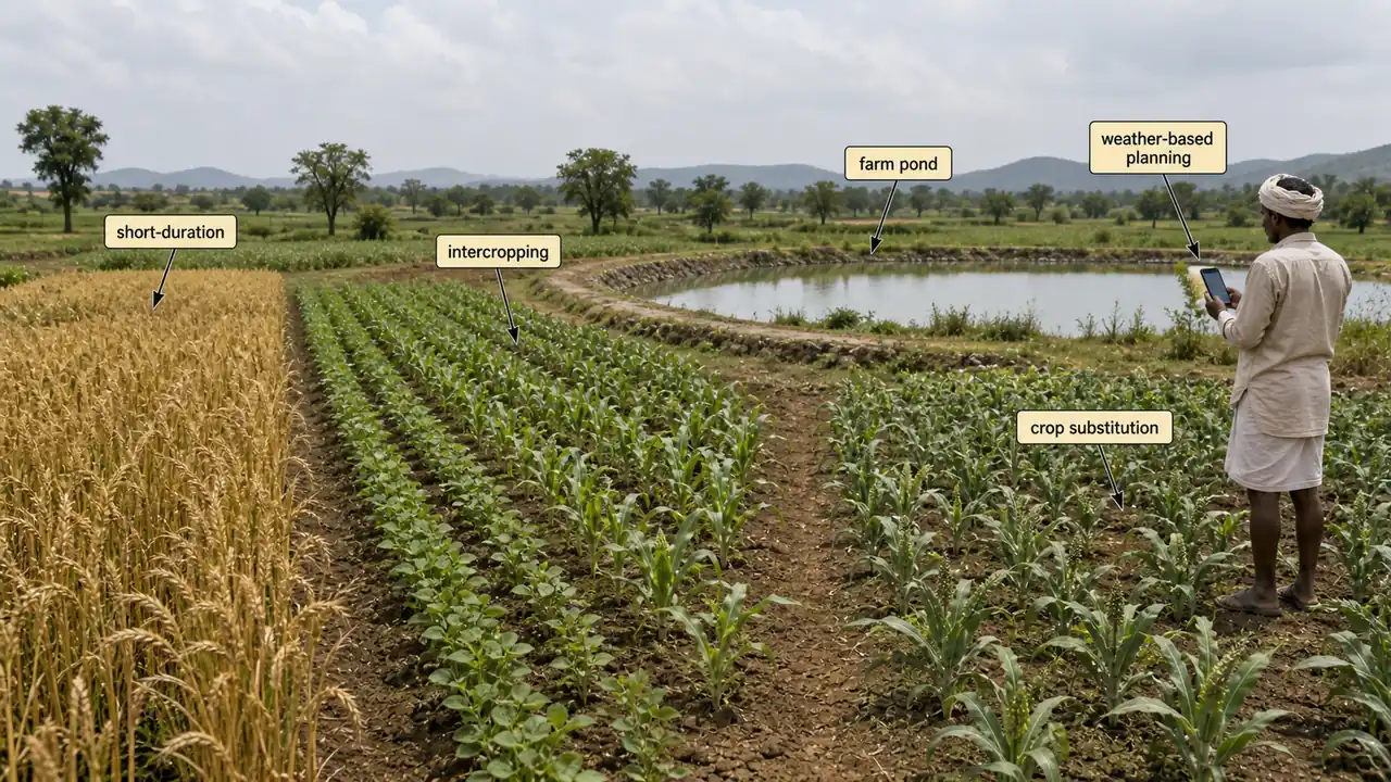 Improved dryland technologies showing short-duration crops, intercropping, farm pond storage, weather-based planning, and crop substitution