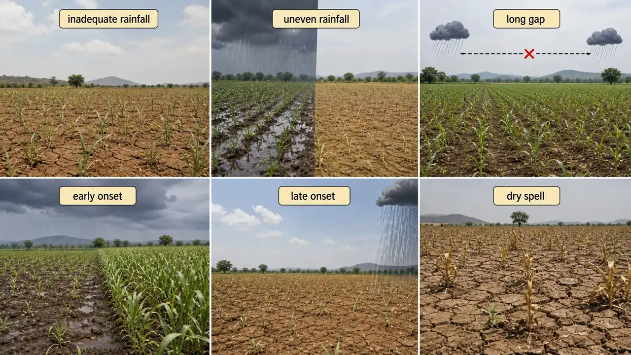Aberrant weather conditions in dryland farming showing inadequate rainfall, uneven rainfall, long gap, early onset, late onset, and dry spell