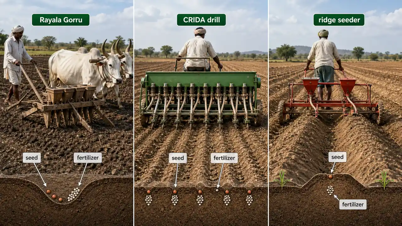 Dryland sowing implements showing Rayala Gorru, CRIDA drill, and ridge seeder with seed and fertilizer placement patterns