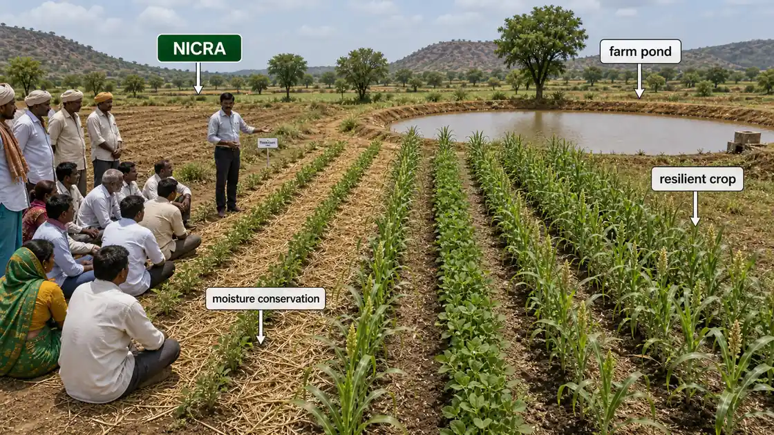 NICRA climate-resilient agriculture demonstration showing a farm pond, moisture conservation, resilient crop rows, and farmer field training