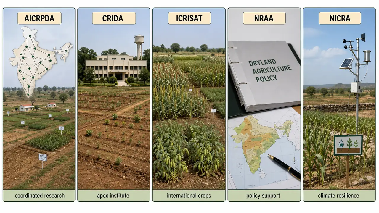 Comparison of key dryland institutions including AICRPDA, CRIDA, ICRISAT, NRAA, and NICRA