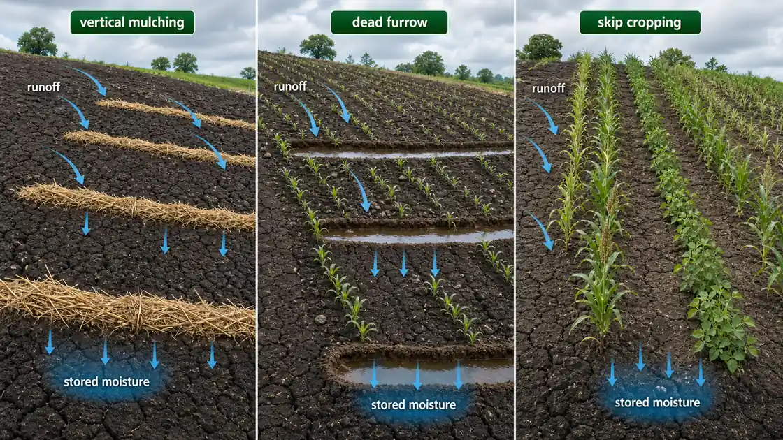 Dryland resilience image showing crop rows and moisture-conservation practices that support drought avoidance and tolerance