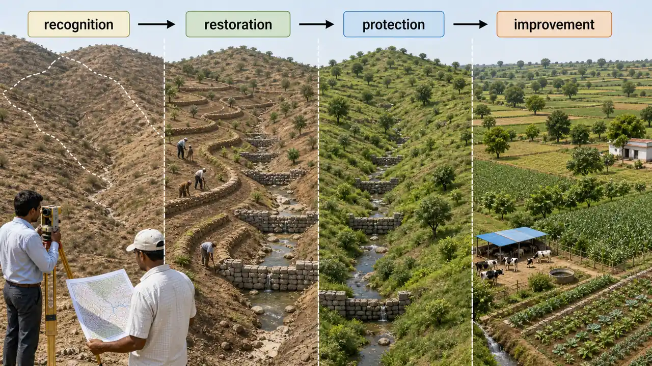 Four phases of watershed management showing recognition, restoration, protection, and improvement across one semi-arid landscape