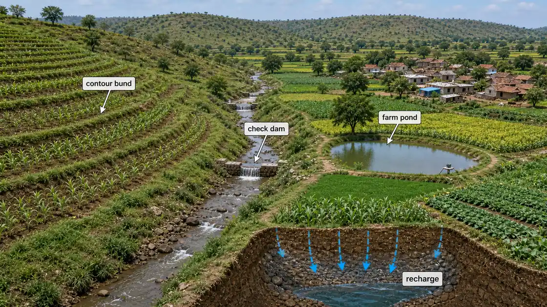 Village watershed treatment scene showing contour bunds, check dams, farm pond, and groundwater recharge improving farm fields