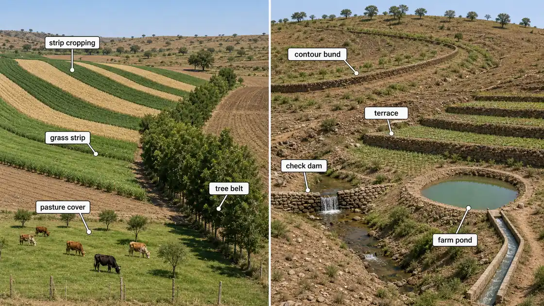 Watershed management comparison showing vegetative measures on one side and engineering measures on the other