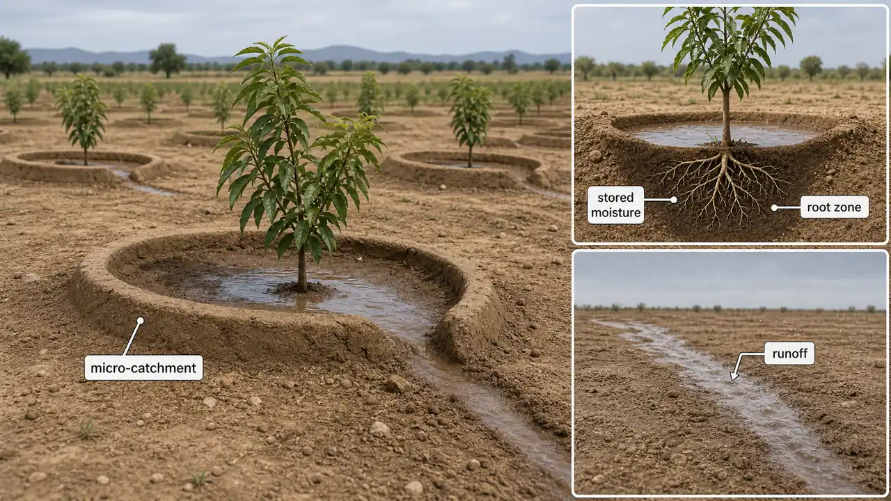 In-situ water harvesting with micro-catchments around young orchard trees storing runoff in the root zone