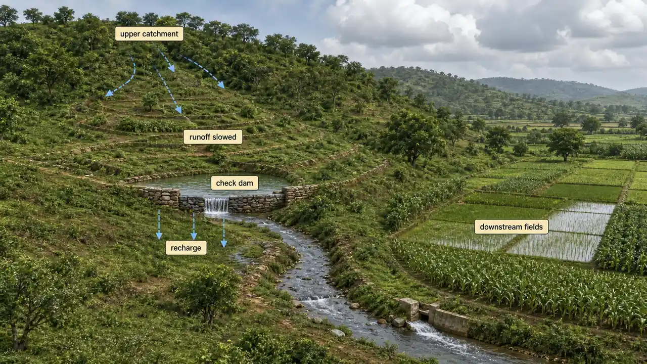 Watershed management across upper catchment, check dam, recharge zone, and downstream fields
