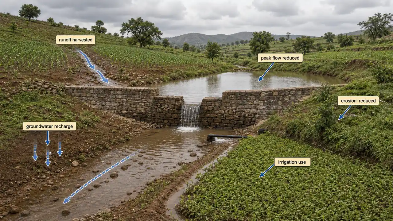 Watershed construction showing runoff harvesting, peak flow reduction, groundwater recharge, reduced erosion, and irrigation use
