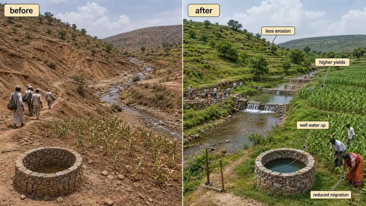 Before and after watershed development showing reduced erosion, higher yields, increased well water, and reduced migration